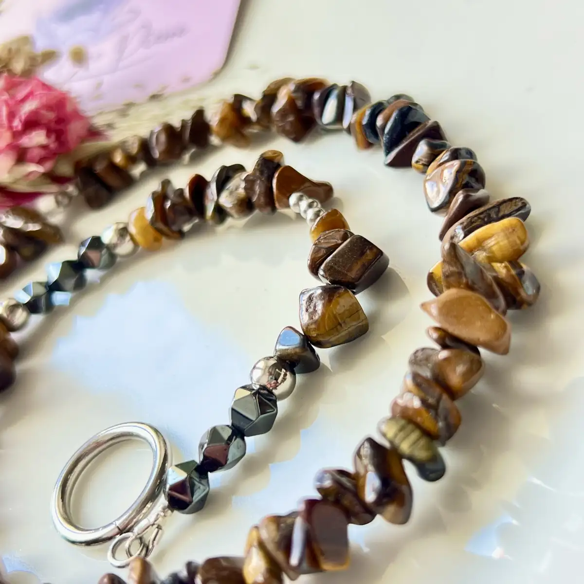 Collier polyvalent en Œil de Tigre et Hématite – 50 cm