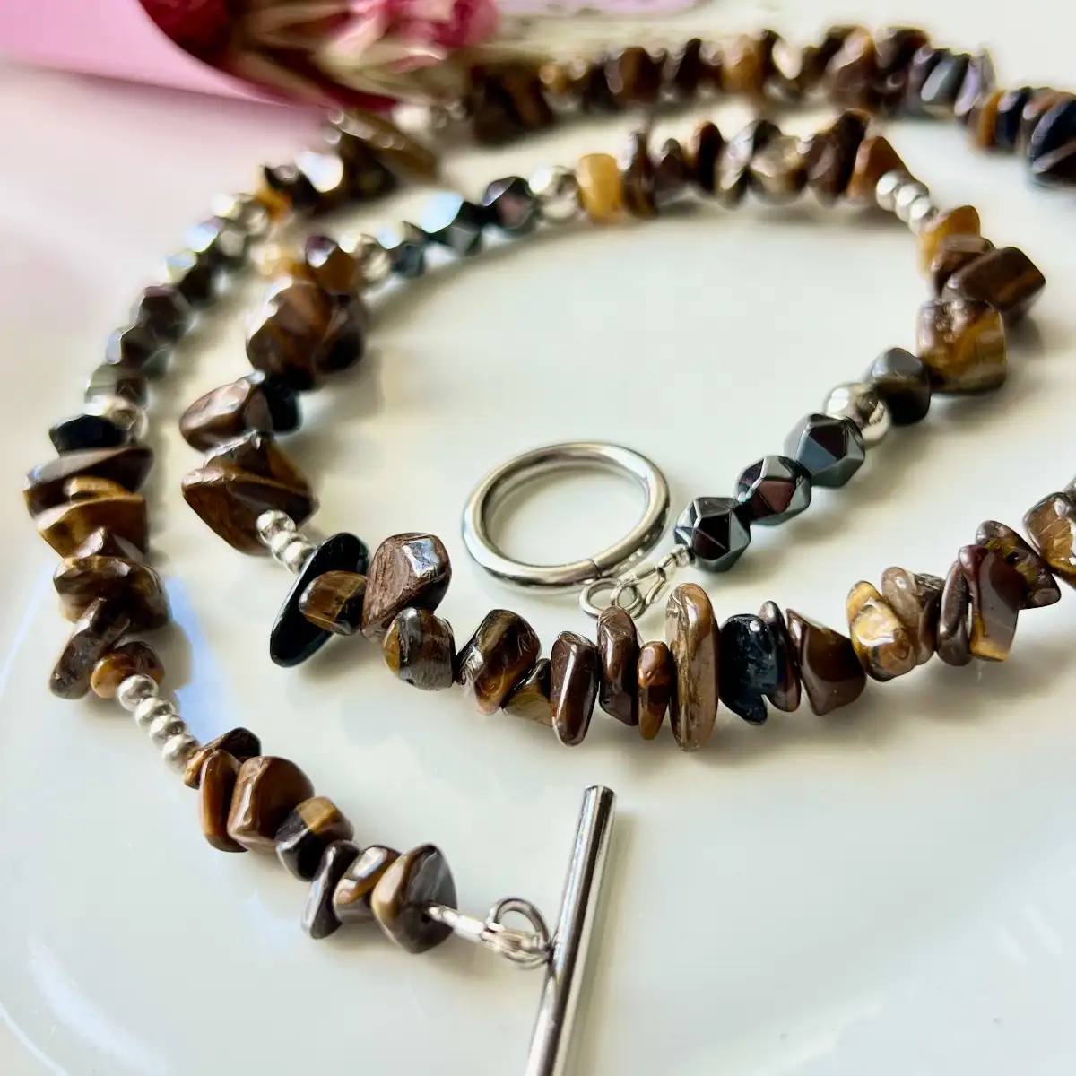 Collier polyvalent en Œil de Tigre et Hématite – 50 cm