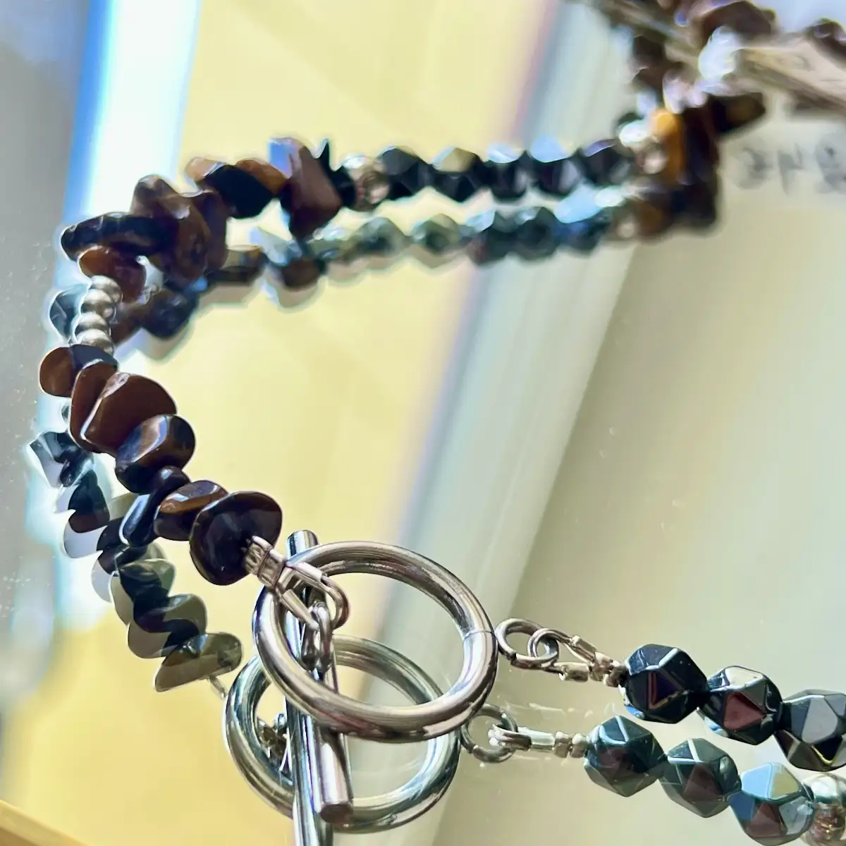 Collier polyvalent en Œil de Tigre et Hématite – 50 cm