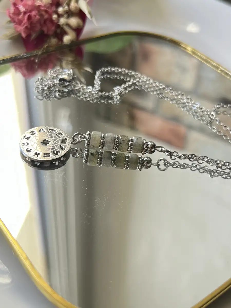 Pendentif rondelle en Labradorite avec breloque Zodiaque