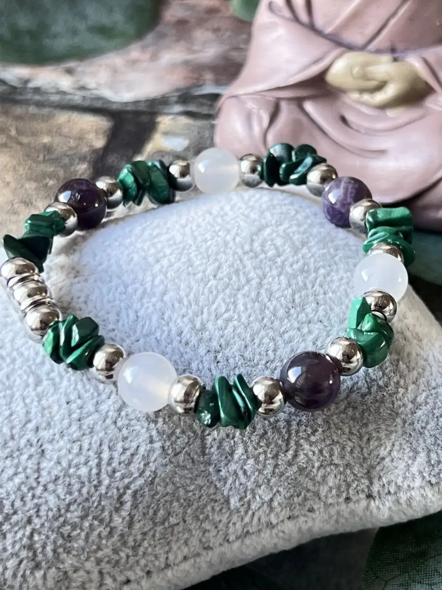 Bracelet Malachite, Améthyste Fantôme et Jade Blanc