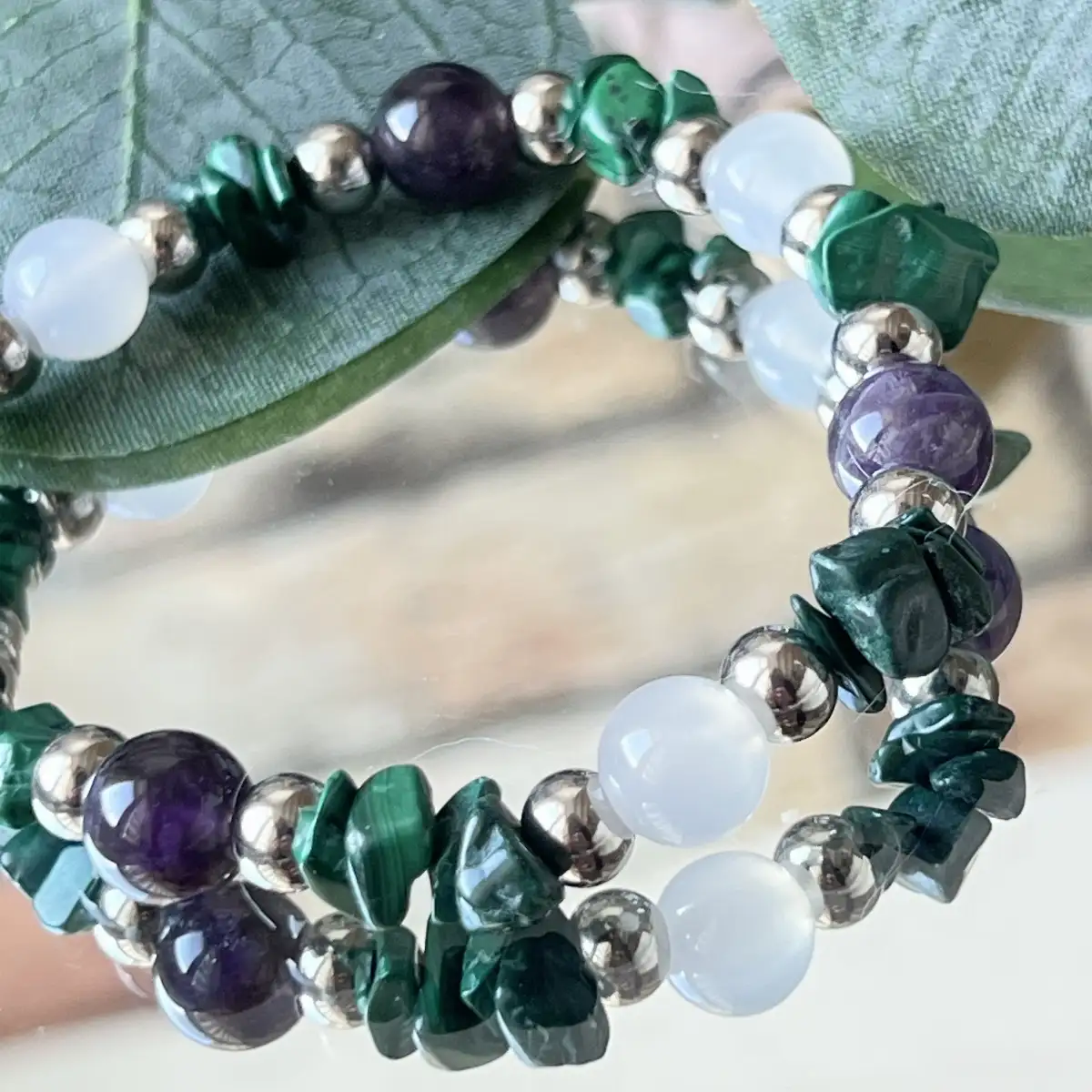 Bracelet Malachite, Améthyste Fantôme et Jade Blanc