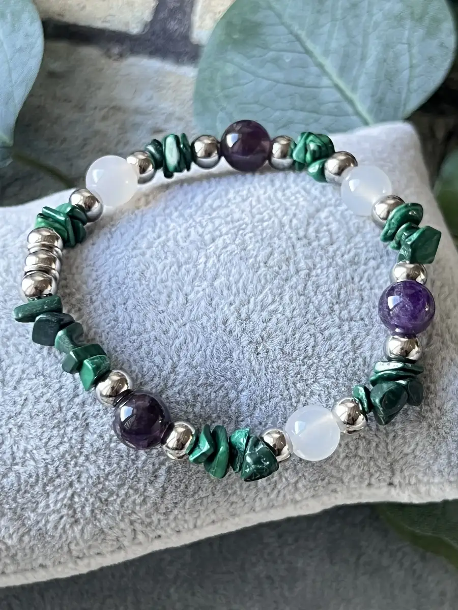 Bracelet Malachite, Améthyste Fantôme et Jade Blanc