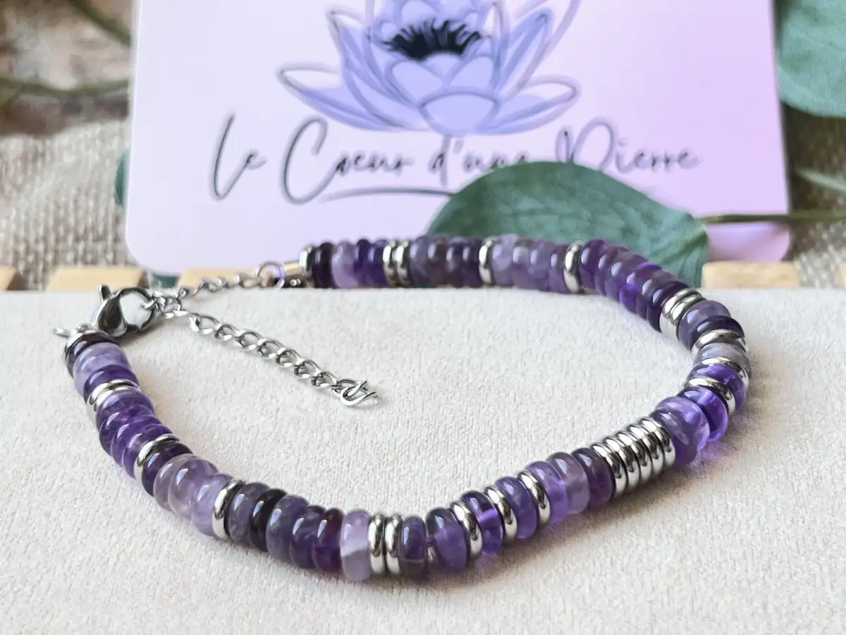 Bracelet réglable en Améthyste – Acier inoxydable