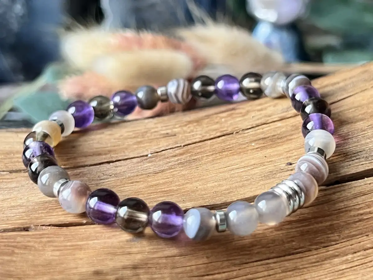 Bracelet en Quartz Fumé, Améthyste et Agate du Botswana
