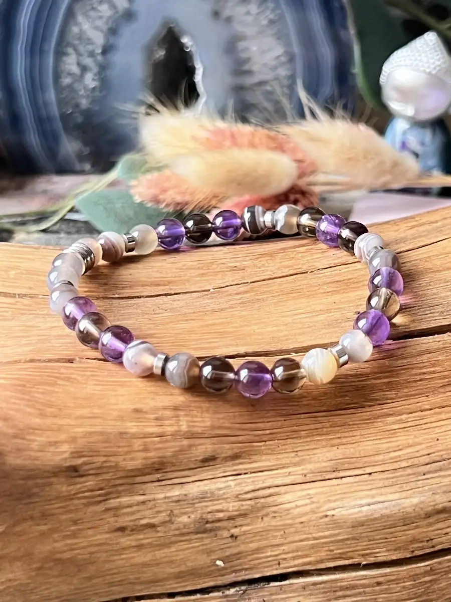 Bracelet en Quartz Fumé, Améthyste et Agate du Botswana