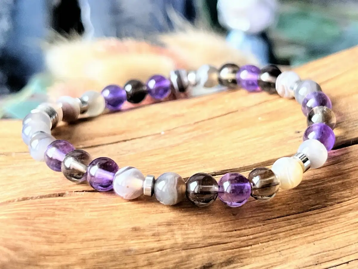 Bracelet en Quartz Fumé, Améthyste et Agate du Botswana