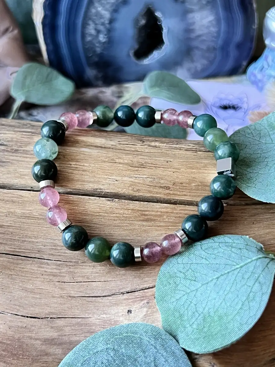 Bracelet en Agate Mousse et Quartz Fraise copie