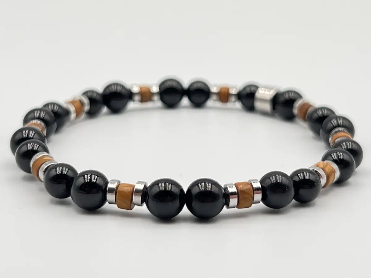 Bracelet Agate Noire et Bois Pétrifié – Perles 6 mm