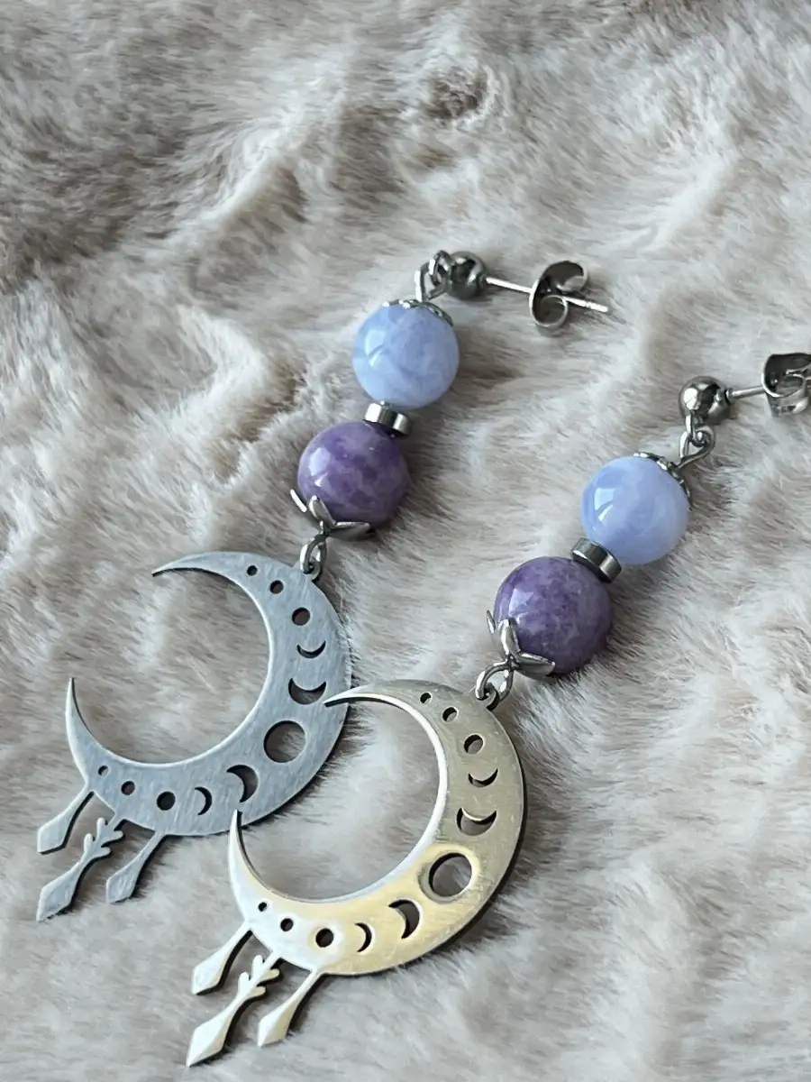 Boucles d’oreilles Lépidolite et Calcédoine – Perles 8 mm