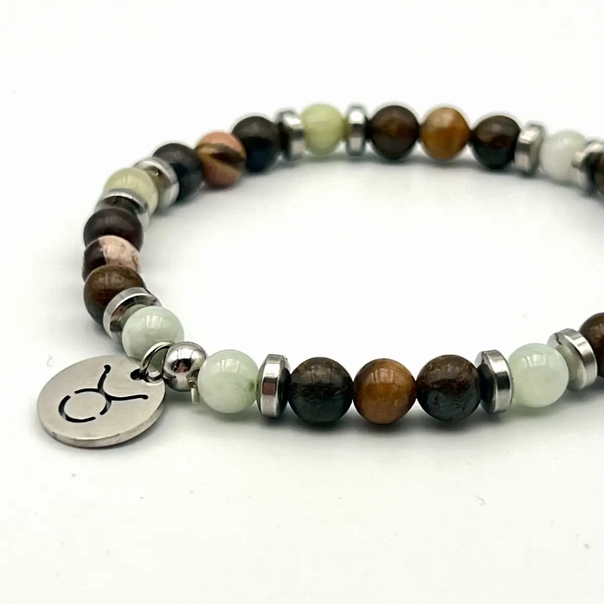 Bracelet Zodiaque Taureau – Jaspe Cappuccino, Émeraude et Bronzite