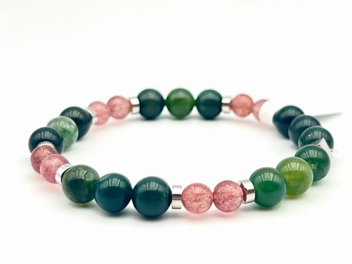 Bracelet en Agate Mousse et Quartz Fraise