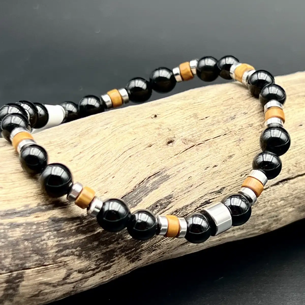 Bracelet Agate Noire et Bois Pétrifié – Perles 6 mm