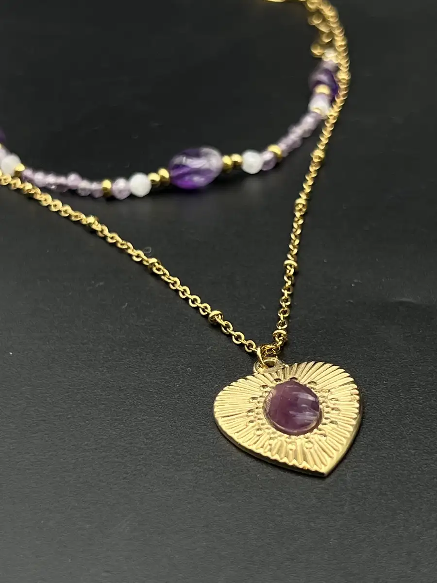 Pendentif Améthyste – Acier inoxydable doré