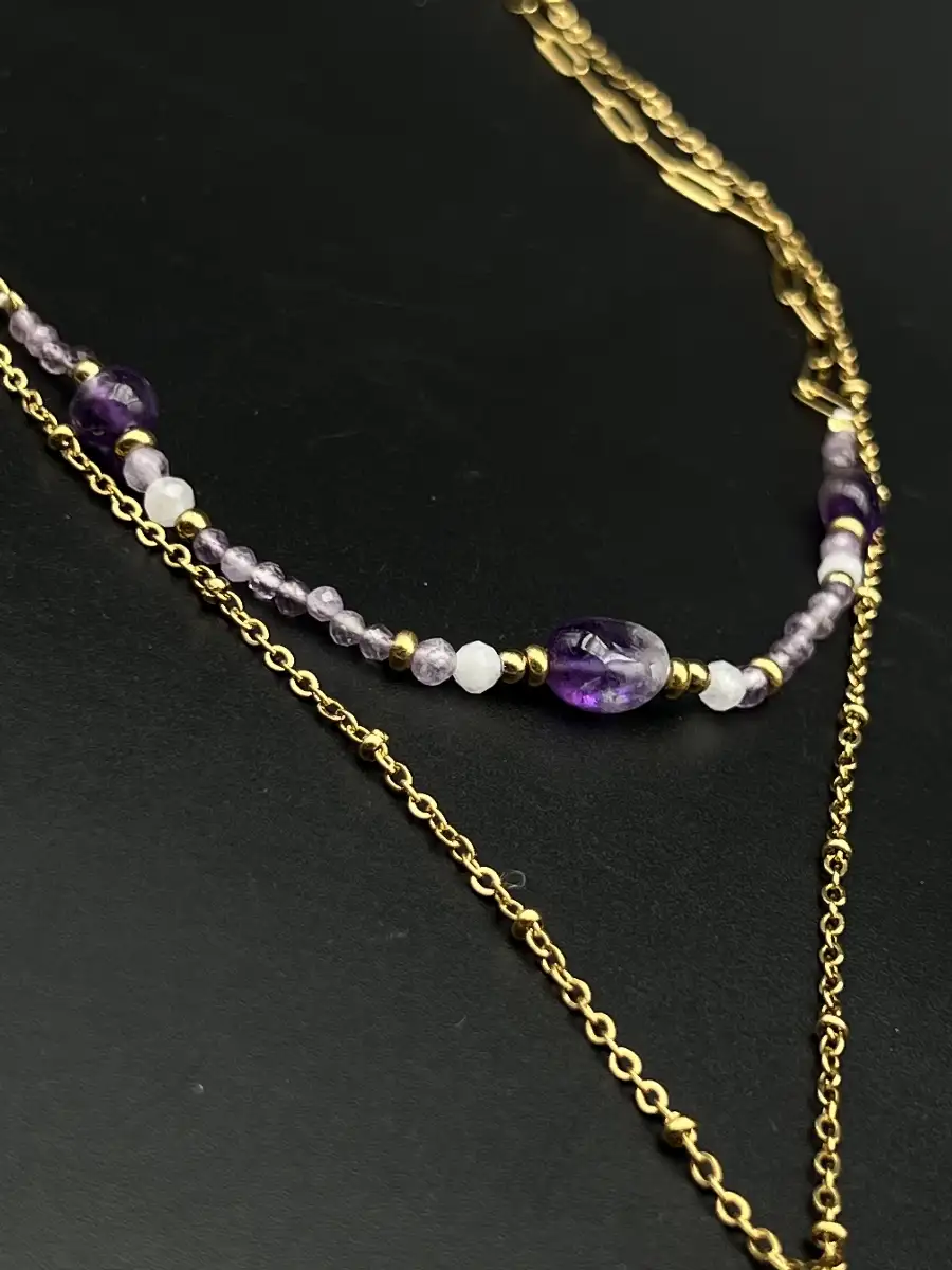 Pendentif Améthyste – Acier inoxydable doré