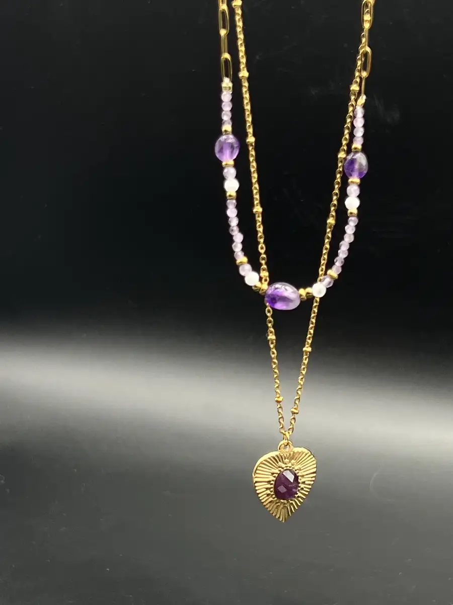 Pendentif Améthyste – Acier inoxydable doré