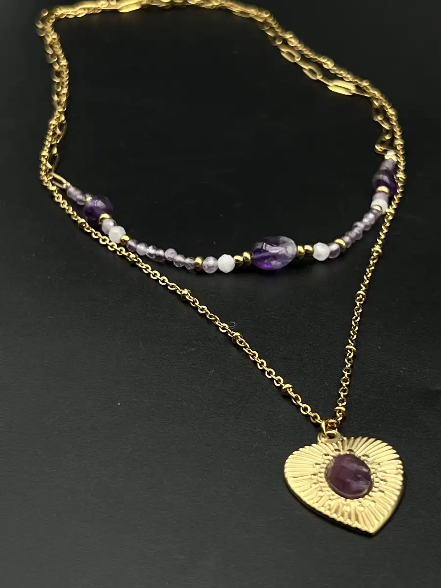 Pendentif Améthyste – Acier inoxydable doré